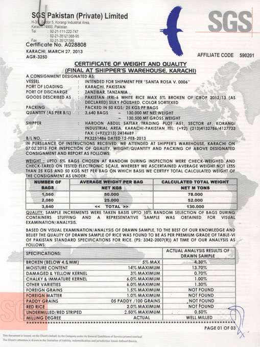 Certificate Weight & Quality of 5% Broken Rice