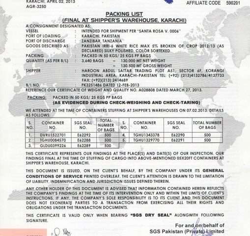Packing List of 5% Broken Rice