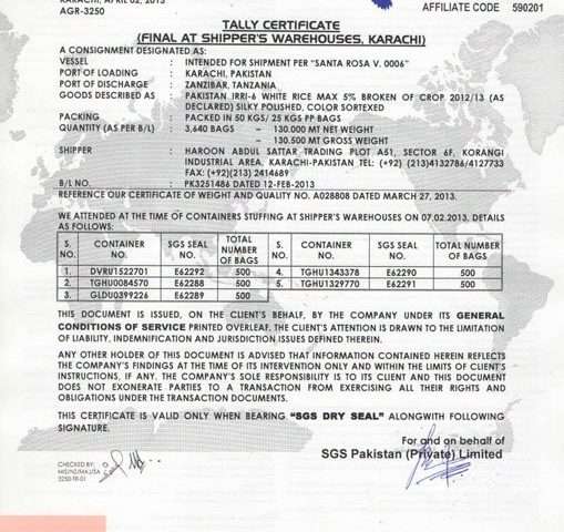 Tally Certificate of 5% Broken Rice
