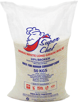 Pakistan Long Grain IRRI6 10% Broken White Rice. Packed in 50 KGs Polypropylene Bag.