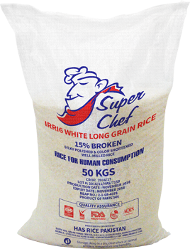 Pakistan Long Grain IRRI6 15% Broken White Rice. Packed in 50 KGs Polypropylene Bag.