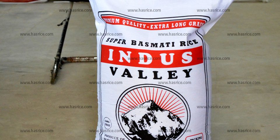 Pakistan Basmati Rice, Indus Valley Super Basmati Rice. Packed in 20 KGs Cotton Bag, Exporter by HAS Rice Pakistan.