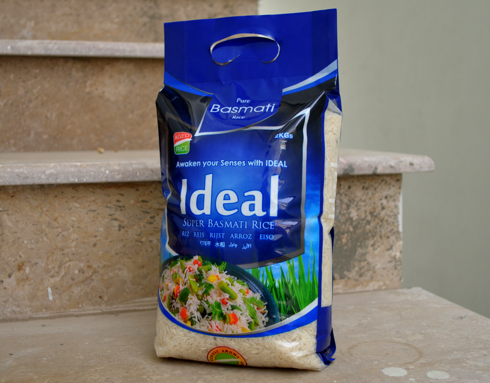 Pakistan Basmati Rice, Ideal Premium Super Basmati Rice. Packed in 2 KGs Polypouch Bag.