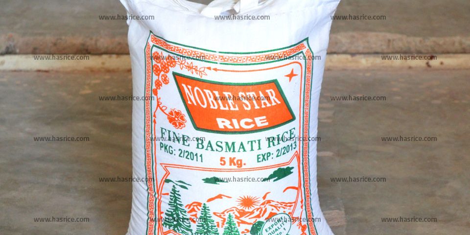Pakistan Basmati Rice, Nobel Star Basmati Rice. Packed in 5 KGs Cotton Bag, Exporter by HAS Rice Pakistan.