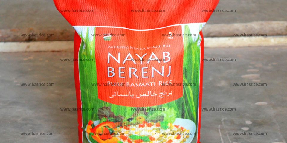Pakistan Basmati Rice, Nayab Berenj Pure Basmati Rice. Packed in 5 KGs Non-woven Bag, Exporter by HAS Rice Pakistan.