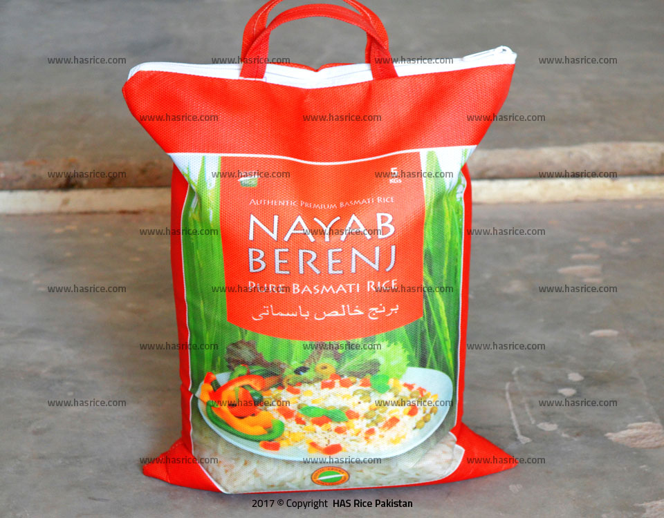 Pakistan Basmati Rice, Nayab Berenj Pure Basmati Rice. Packed in 5 KGs Non-woven Bag, Exporter by HAS Rice Pakistan.