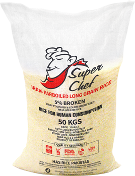 Pakistan Long Grain IRRI6 5% Broken Parboiled Rice. Packed in 50 KGs Polypropylene Bag.