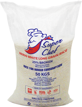 Pakistan Long Grain IRRI6 Regular 25% Broken White Rice. Packed in 50 KGs Polypropylene Bag.