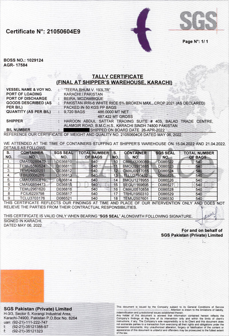 tally certificate